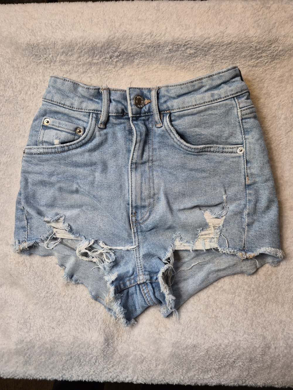 Zara Light Wash High-Rise Distressed Denim Shorts